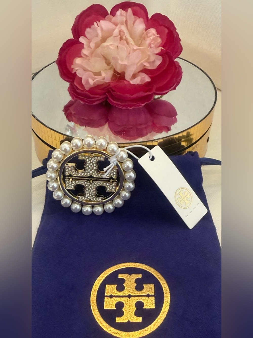 Tory Burch Gold-Tone Crystal Logo Brooch with White Pearls New With Dust Bag